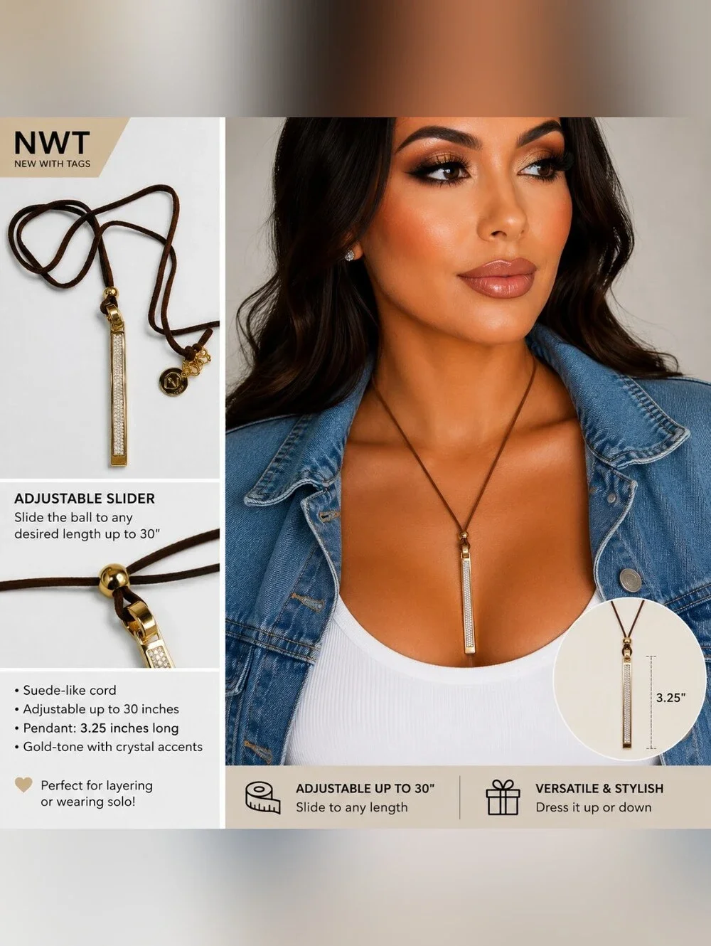 NWT Adjustable Suede Cord Necklace Crystal‎ Bar Pendant Gold Tone 30